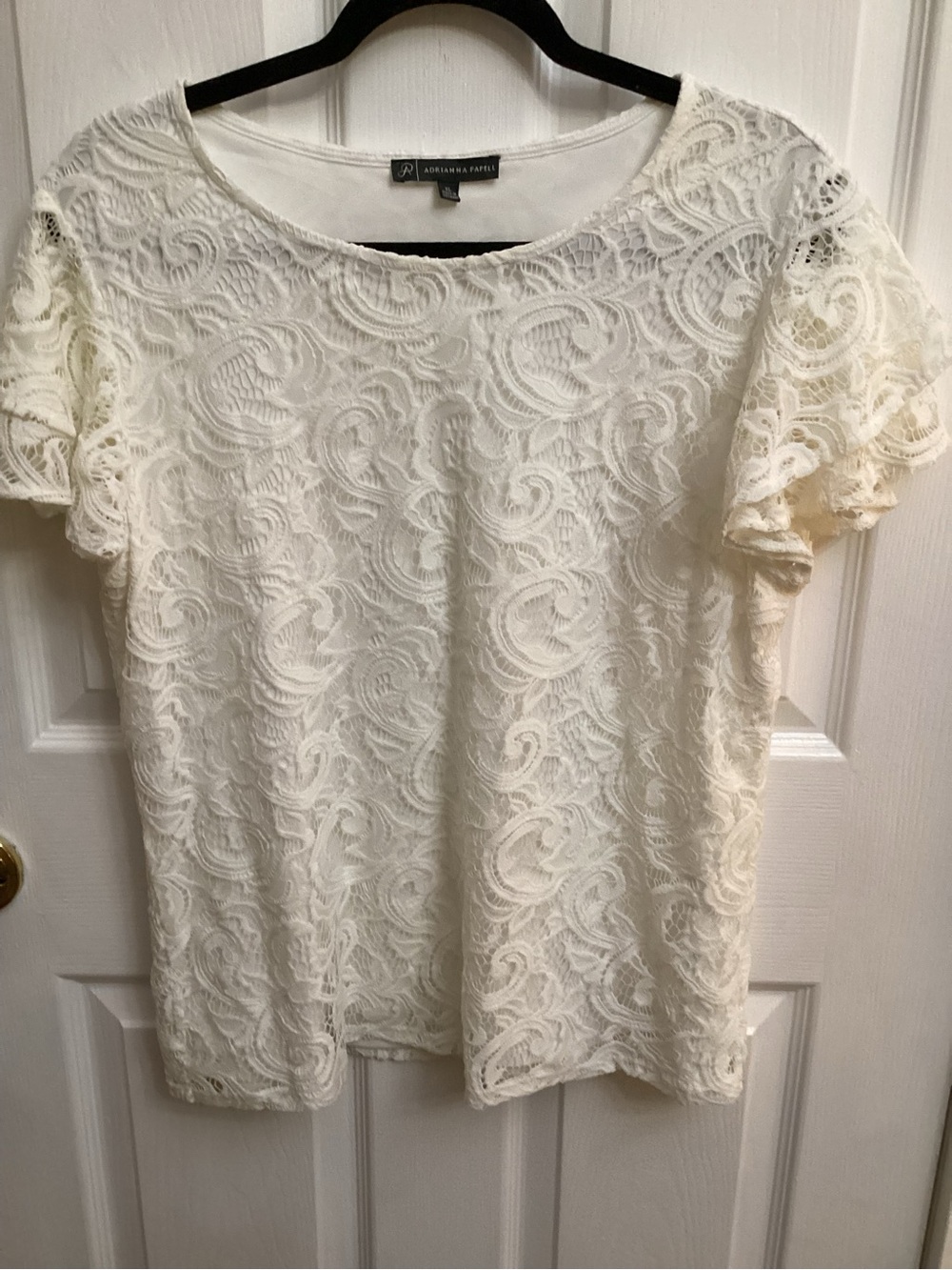 Adrianna Papell Cream Lace Short Sleeve Scoop Neck Top